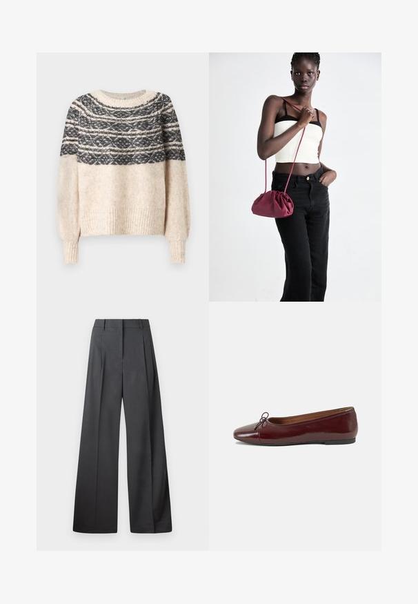 Cream and black knitted sweater with patterned yoke, ribbed cuffs, and hem, displayed against a plain background.; Wide-leg trousers in dark gray fabric, featuring a high waist, single pleats, and a smooth texture with a clean finish at the hems.; Burgundy patent leather ballet flat with a rounded toe, small bow accent at the front, and a low, black rubber sole. Smooth texture.; Burgundy soft fabric handbag with a gathered design and a long strap, worn crossbody. Model wears a white crop top and black jeans.