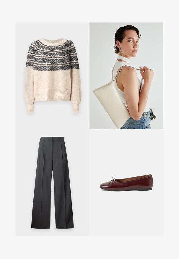 Maglione lavorato a maglia crema e nero con giromanica decorato, polsini e orlo a coste, esposto su uno sfondo neutro.; Pantaloni a gamba larga in tessuto grigio scuro, con vita alta, pieghe singole e una texture liscia con una finitura pulita sui orli.; Ballerine in pelle verniciata bordeaux con punta arrotondata, piccolo fiocco decorativo sulla parte anteriore e suola bassa in gomma nera. Texture liscia.; Borsa a pochette rettangolare bianca realizzata in materiale lucido, con una tracolla in catena argentata. Il modello posa, mostrando la borsa su uno sfondo semplice.