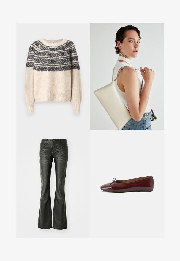 Cremefarget og svart strikket genser med mønstret yoke, ribbestrikkede mansjetter og hem, vist mot en enkel bakgrunn.; Sorte falske skinn flared jeans med frontlommer, metallknapplukking og en lett teksturert overflate. Rett ben med lang kutt.; Burgunderrød lakk lær ballettleilighet med rund tå, liten sløyfe foran og en lav, svart gummisåle. Glatt tekstur.; Hvit rektangulær clutch-veske laget av blankt materiale, med en sølvkjede-stropp. Modellen poserer og viser vesken mot en ensfarget bakgrunn.