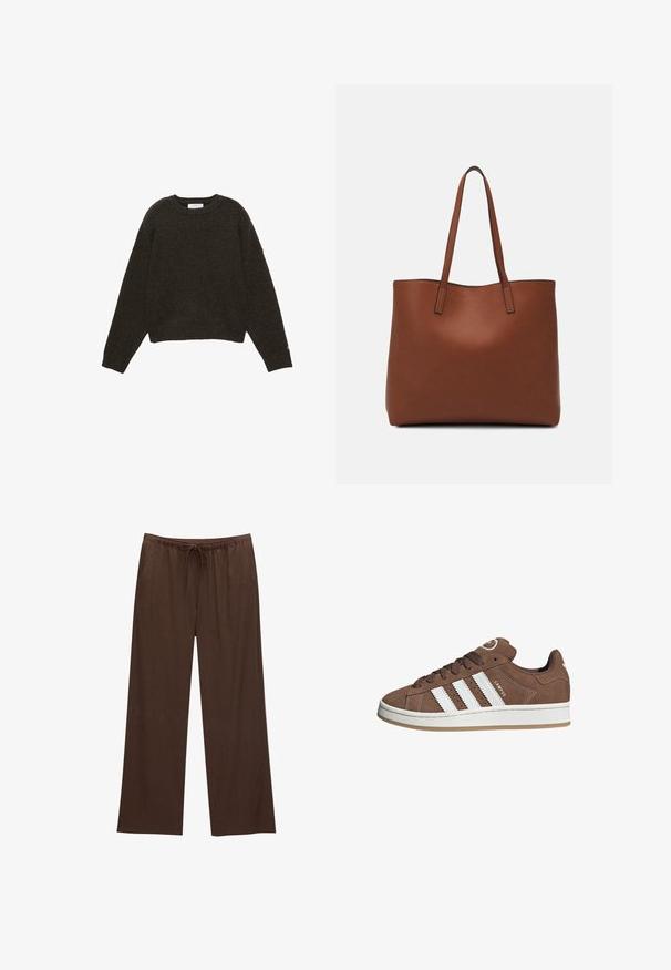 Tmavě hnědý svetr vyrobený z jemného materiálu, s kulatým výstřihem, dlouhými rukávy a uvolněným střihem s pružnými manžetami a lemem.; Hnědé široké kalhoty vyrobené z měkkého materiálu, s elastickým pasem na šňůrku a dvěma bočními kapsami.; Hnědé semišové tenisky s bílými koženými pruhy, gumovou podrážkou, kulatou špičkou a šněrováním vpředu. Mají logo na jazyku a perforované detaily.; Hnědá kožená taška přes rameno s hladkou texturou, otevřeným designem a dvěma ramenními popruhy. Obsahuje minimální švy a žádné viditelné kovové prvky.