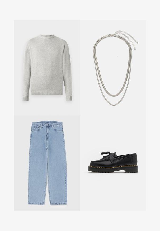 Svetlo šedý sveter vyrobený z mäkkej látky, s rebrovaným okrúhlym výstrihom a rebrovanými manžetami a lemom. Minimalistický dizajn, dlhé rukávy.; Svetlomodré denimové džínsy s rovnými nohavicami, s polovysokým pásom, piatimi vreckami a zapínaním na gombík a zips.; Čierne kožené loafre s detailom na strapcoch, s masívnou čiernou podrážkou a žltým prešitím pozdĺž okraja. S textúrovaným povrchom.; Trojvrstvový náhrdelník zo strieborného kovu s elegantnými, flexibilnými reťazami s jemným leskom, zabezpečený sponou typu langusta a nastaviteľným reťazcom.
