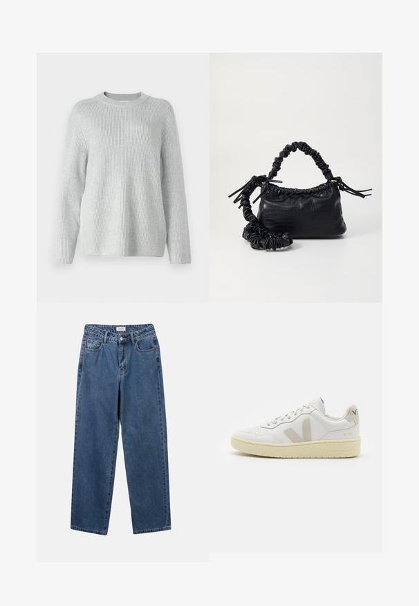 Light gray ribbed knit sweater with a crew neckline, long sleeves, and a relaxed fit. Texture appears soft and slightly elastic.; Classic blue denim jeans with a straight-leg design, five pockets, and a button closure. Features a medium wash and sturdy texture.; White leather sneaker with beige suede accents, perforated toe box, flat laces, and a textured cream sole. Features subtle branding on heel.; Black faux leather handbag with a crocodile texture, cinched top, and a scrunched strap. Appears soft and compact in design.