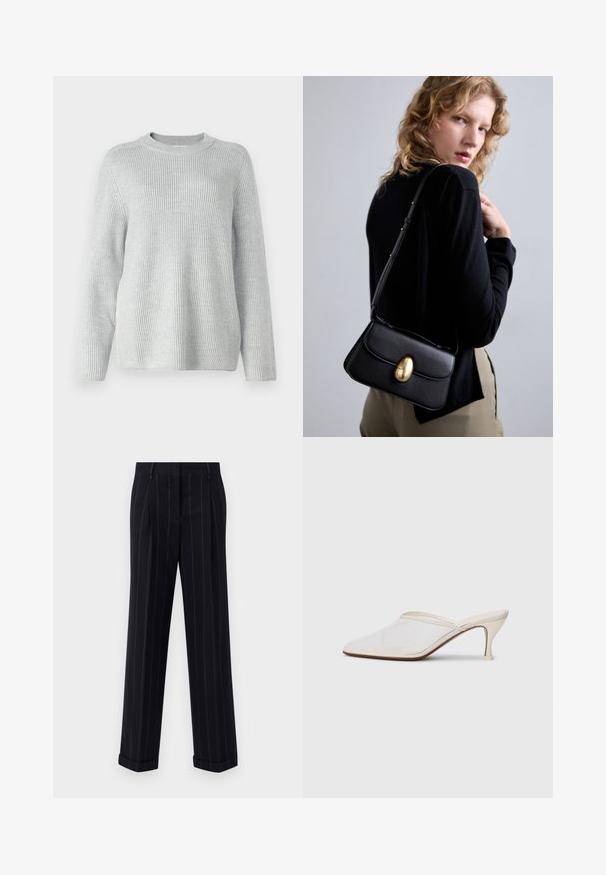 Ανοιχτό γκρίζο πουλόβερ ριπ με στρογγυλή λαιμόκοψη, μακριά μανίκια και άνετη εφαρμογή. Η υφή φαίνεται απαλή και ελαφρώς ελαστική.; Μαύρο παντελόνι με ρίγες και κομψή γραμμή, με τελειώματα σε μανσέτα και εμπρός πτυχώσεις. Φτιαγμένο από λείο ύφασμα με δομημένη σχεδίαση.; Λευκό διχτυωτό mule με μυτερή μύτη, κομψό μέσο τακούνι και σχέδιο που φοριέται εύκολα σε απλό φόντο.; Μαύρη δερμάτινη τσάντα σε καμπύλη μορφή, με χαρακτηριστικό χρυσό οβάλ κούμπωμα, ρυθμιζόμενο λουρί και μινιμαλιστικό σχέδιο.