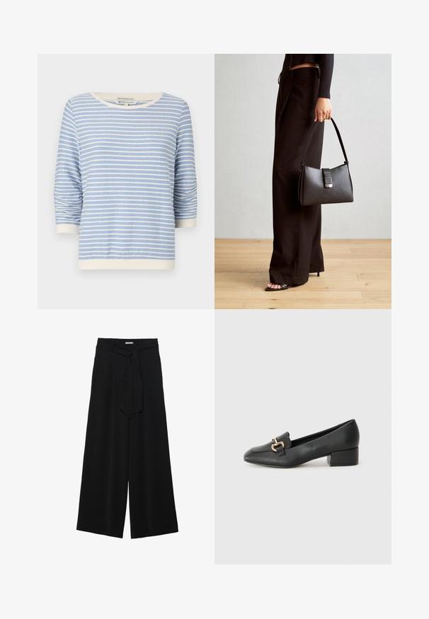 Ανοιχτό μπλε ριγέ τοπ με λευκές οριζόντιες ρίγες, στρογγυλή λαιμόκοψη, μανίκια τριών τετάρτων και ριμπ μανσέτες. Φτιαγμένο από οργανικό βαμβάκι.; Μαύρο παντελόνι με φαρδιά πόδια, φτιαγμένο από υφασμάτινη ύλη με υφή, με ελαστική μέση και αποσπώμενη ζώνη στη μέση για ρυθμιζόμενη εφαρμογή.; Μαύρα δερμάτινα μοκασίνια με επίπεδο τακούνι, διαθέτοντας διακοσμητική χρυσή λεπτομέρεια στο εμπρόσθιο μέρος και λεία υφή.; Μαύρη τσάντα χειρός με δομημένο σχήμα, λεία υφή και μεταλλικό κούμπωμα. Συνδυασμένη με φαρδιά μαύρα παντελόνια και σανδάλια ανοιχτής μύτης πάνω σε ξύλινο πάτωμα.