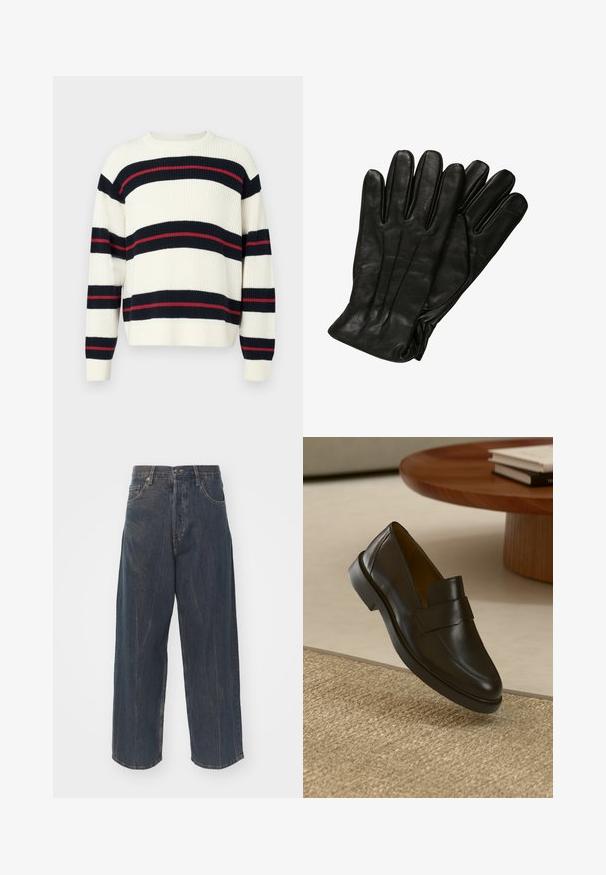 Suéter a rayas en crema, con rayas horizontales en azul marino y rojo. Confeccionado en material de punto grueso, con mangas largas y cuello redondo.; Vaqueros de mezclilla oscuros de pierna ancha con una sutil textura desgastada, cinco bolsillos y un cierre clásico de botón y cremallera en la cintura.; Mocasines de piel negra con un acabado suave, punta redonda y una correa decorativa a lo largo de la parte superior. Tacón de goma bajo, sobre una superficie texturizada.; Guantes de cuero negro con una textura suave, cinco dedos y detalles de costura sutiles. Diseño clásico, adecuado para usar en clima frío.