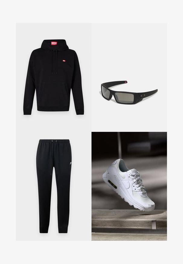 Čierna mikina z bavlny. Obsahuje predné vrecko, šnúrku na stiahnutie a malé bielo-červené logo na hrudi. Klasický strih.; Čierne teplákové nohavice z mäkkej tkaniny, s elastickým pásom na šnúrky, s manžetami na členkoch a malým logom na boku.; Biele tenisky Nike Air Max 90 s vrchnou časťou z kože a sieťoviny, perforovanou špičkou a viditeľnou vzduchovou jednotkou v päte.; Čierne slnečné okuliare s matným povrchom, obdĺžnikové šošovky, mierna krivka na straničkách, nenápadný detail loga a šošovky so zafírovaným tónovaním.