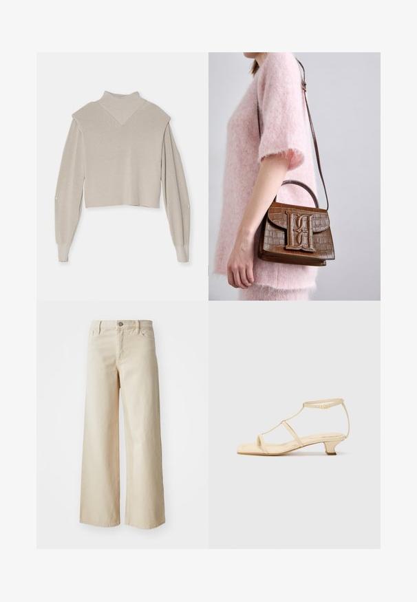 Beige strik crop top med en falsk turtleneck, voluminøse ærmer og subtil glans. Har en v-formet halsudskæring og ribbet tekstur.; Beige brede bukser lavet af denim med høj talje, knaplukning, bæltesløjfer og sidelommer. Glat tekstur og afslappet pasform.; Beige hælede sandaler med T-stropdesign, firkantet tå, justerbar ankelrem og lav blokhæl. Glat lædermateriale.; Brun håndtaske med krokodillepræg, med et topgreb og skulderrem. Har et fremtrædende logo på frontklaffen. Blød tekstur.