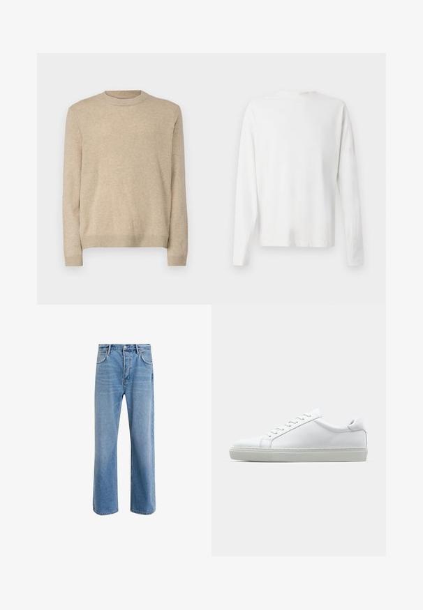 Béžový vlněný svetr s dlouhými rukávy, kulatým výstřihem a žebrovanými manžetami a lemem. Měkká textura a klasický střih bez ozdob.; Bílá bavlněná košile s dlouhým rukávem a kulatým výstřihem, s bočními rozparky na spodní části a hladkým povrchem, vystavená zezadu.; Světle modré džínové kalhoty s rovnými nohavicemi, pěti kapsami, zapínáním na knoflík, minimálním vyblednutím a kontrastním prošitím.; Bílé tenisky s hladkým koženým svrškem a nízkým profilem. Mají zaoblenou špičku, šest nýtů a texturovanou gumovou podrážku.