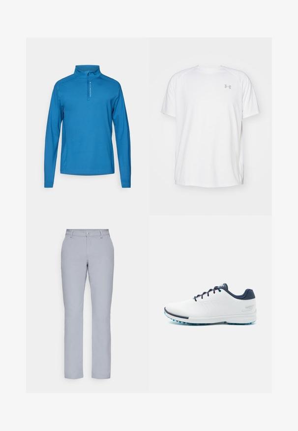 Blue long-sleeve pullover with a zip collar, made of smooth fabric. Features a subtle logo detail on the front.; White short-sleeve athletic shirt made of smooth fabric. Features a crew neck and gray logo on the left chest, with side slits at the hem.; Light gray trousers with a straight cut, button closure, front pockets, and a smooth, textured fabric. Minimalist design, no patterns.; White athletic shoes with a smooth synthetic upper, blue accents, textured navy heel, and a lightweight, spiked sole for traction.