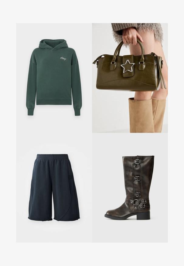 Felpa verde realizzata in morbido cotone misto, dotata di tasca a marsupio frontale, polsini a costine e piccolo logo ricamato sul petto.; Camicia a maniche corte blu con bottoni e strisce verticali bianche. Presenta due tasche frontali e un colletto a punta. Realizzata in un tessuto leggero.; Shorts sportivi neri realizzati in tessuto morbido, con vita elasticizzata e un'etichetta con logo sul lato. Tessuto liscio con una vestibilità comoda.; Stivali alti in pelle marrone con multiple fibbie, punta rotonda e tacco basso e chunky. Presentano una finitura testurizzata e cinturini regolabili.; Borsa a mano in similpelle verde oliva con accentatura a stella argentata, manici doppi e chiusura con zip. Superficie testurizzata e forma strutturata.