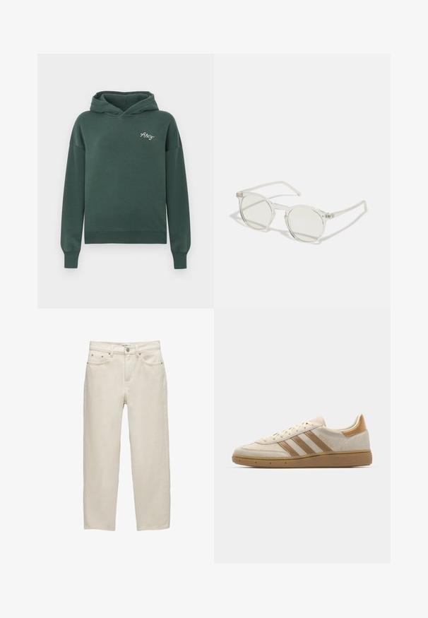 Zelena dukserica od mekog pamučnog materijala, s prednjim kengur džepom, rebrastim manžetama i malim izvezenim logom na prsima.; Bijele traperice od denima s opuštenim krojem, s ravnim nogavicama, dizajnom s pet džepova i metalnim detaljima s suptilnom teksturom.; Bež nubuk tenisice s svijetlosmeškastim akcentima. Ima tri smeđe pruge, teksturiranu gumenu potplat i dizajn sa zaobljenim prstom.; Okrugle sunčane naočale s transparentnim okvirom, svjetlozelenim staklima i tankim, prozirnim krakovima. Imaju suptilne metalne akcenti na okviru.; Crna torba od glatke kože, s zakrivljenim otvorenim vrhom, dva remena za rame i minimalističkim dizajnom.