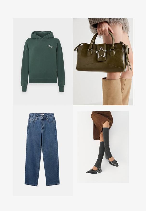 Zelená mikina s kapucí vyrobená z měkké bavlněné směsi, s přední kapsou typu "klokan", žebrovanými manžetami a malým vyšitým logem na hrudi.; Klasické modré džíny z denimu se střihy rovné nohy, pěti kapsami a zapínáním na knoflík. Mají střední odstín a odolnou texturu.; Černé lakované boty s špičatou špičkou, blokovým podpatkem a kotníkovým páskem, spárované s šedými žebrovanými návleky na nohy a hnědskou sukní z semiše.; Olivově zelená kabelka z imitace kůže se stříbrnou hvězdou, dvojitými rukojeťmi a zipovým uzávěrem. Texturovaný povrch a strukturovaný tvar.