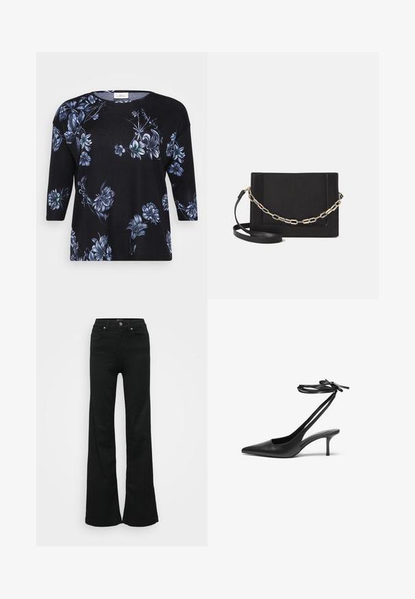 Juodas viršus su trimis ketvirtadaliais rankovėmis, puoštas gėlių raštu mėlynos spalvos atspalviais. Pagamintas iš minkštos medžiagos, su apykakle.; Juodos plačios džinsinės kelnės, pagamintos iš denimo, su aukštu liemeniu, penkiomis kišenėmis ir metaliniu sagčių uždarymu. Lygi tekstūra su minimaliu dekoravimu.; Juodas odinis stiletto batelis su smailiu nosiu, atvira nugara ir užrištomis kulkšnies juostelėmis. Plonas 3 colių kulnas. Lygi tekstūra, minimalistinis dizainas.; Juodas odinis per petį nešiojamas krepšys turi lygų paviršių, stačiakampio formą ir metalinę grandinėlę priekyje. Pridedama reguliuojama dirželis.