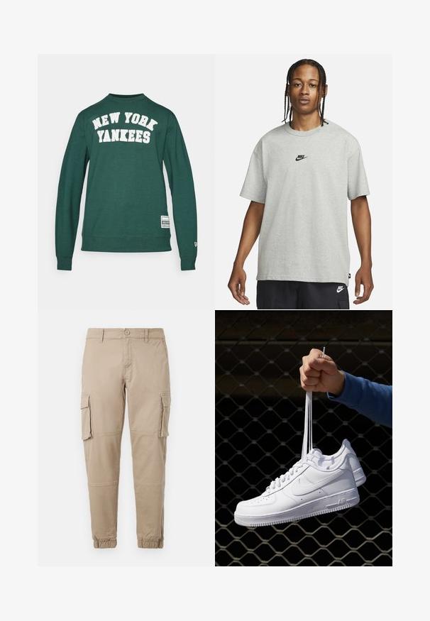 Green sweatshirt featuring "NEW YORK YANKEES" in white text across the chest, with a tag on the lower left and ribbed cuffs.; Young person with braided hair wearing a light gray Nike T-shirt and black Nike shorts against a plain white background.; Beige cargo pants in a lightweight cotton material. Features elastic cuffs, multiple side pockets, and a button closure.; White leather sneakers with perforations, round toe, flat sole, and thick laces, featuring a visible swoosh logo and "AIR" on the heel.