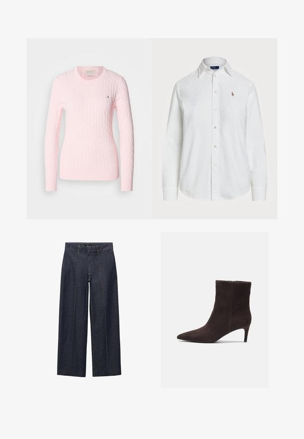 Pink cable-knit sweater with long sleeves, round neck, ribbed hem and cuffs. Small logo detail on the chest. Soft texture.; White button-up shirt made of cotton with a classic collar, long sleeves, and a small embroidered logo on the chest. Textured fabric.; Dark blue denim wide-leg trousers with front seams and a standard waistband. Features orange stitching and a cropped length.; Brown suede ankle boots with a pointed toe and 3-inch heel, featuring a smooth texture and minimalistic design. Zipper closure at the back.