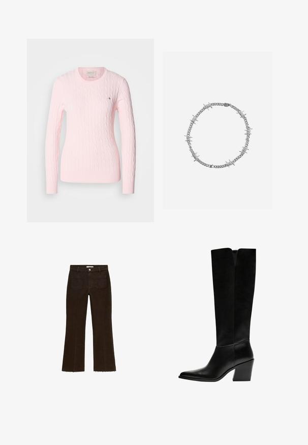 Pulover roz din tricot cu cabluri, cu mâneci lungi, guler rotund, tiv și manșete cu fundă. Detaliu mic cu logo pe piept. Textură moale.; Jeans maro evazați cu talie înaltă, având închidere cu buton, două buzunare la spate și detalii cu margine desfăcută. Fabricat din material denim.; Cizme negre până la genunchi, fabricate din piele netedă, cu vârf ascuțit, toc pătrat și o decupare în formă de V în partea de sus.; Colier din lanț argintiu cu legături netede alternate și accente cilindrice texturate, structurat într-o formă circulară.