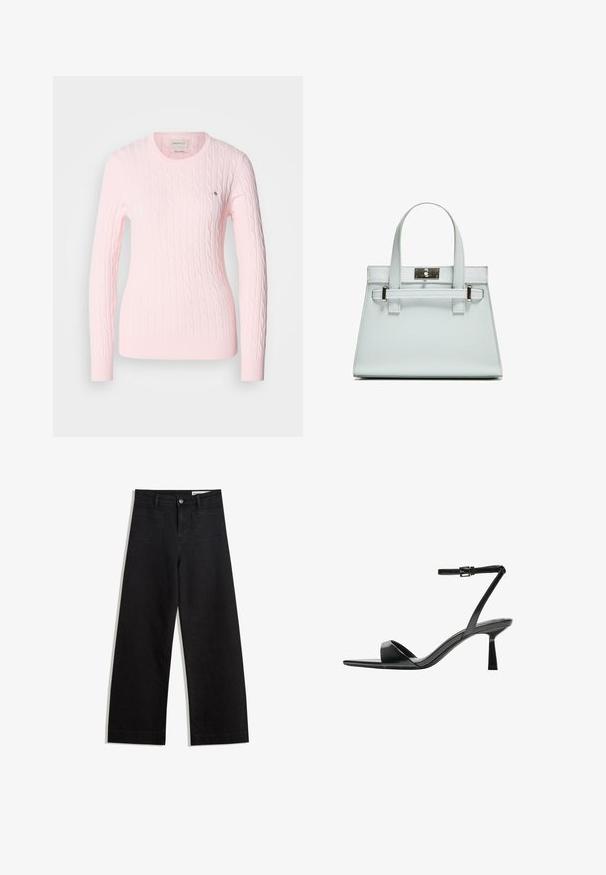 Roza pulover iz pletene tkanine z dolgimi rokavi, okroglim izrezom, rebrastim robom in manšetami. Majhna logotipna podrobnost na prsih. Mehka tekstura.; Črne široke denim hlače z visokim pasom, ki imajo sprednje in zadnje žepe, šivane šive ter gumbasto zapiranje. Gladka tekstura.; Bershka Sandali z visoko peto - black; Svetlo modra torbica z oblikovano zasnovo, dvema ročkama in kljuko iz srebrno-toniranega materiala. Teksturni material in ostri koti.