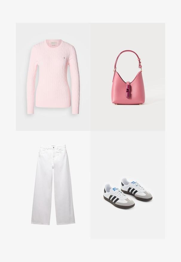 Vaaleanpunainen palmikkoneulepusero, jossa on pitkät hihat, pyöreä kaula-aukko sekä ribbireunukset hihansuissa jahelmassa. Rinnassa pieni logoesittely. Pehmeä rakenne.; Valkoiset leveät farkut, jotka on valmistettu denimestä. Varustettu nappikiinnityksellä, etu- ja takataskuilla sekä ommelluilla saumoilla. Sujuva pinta, jossa on minimaalinen yksityiskohtaisuus.; Urheilukengät, joissa on valkoinen nahkainen päällinen, harmaa mokkanokka ja kolme mustaa raitaa. Ominaisuuksina sininen logo kielekkeessä ja kuvioitu kumipohja.; Vaaleanpunainen nahkalaukku, jossa on rakenteellinen muoto, kiiltävä suljenta ja yksi säädettävä olkahihna. Rakeinen pinta ja kultainen metalliosat.