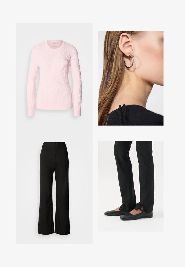 Rózsaszín, kötött pulóver hosszú ujjal, kerek nyakkal, bordázott hem-mel és mandzsettával. Kicsi logó részlet a mellkasán. Puha tapintású.; Fekete, bő szárú nadrág sima textúrával, magas derékkal és letisztult dizájnnal. Nincs látható zseb vagy díszítés.; Fekete bőr balettcipők hegyes orral, ezüst csattal ellátott pánttal, fekete szabott nadrággal, amelynek hasított szegélye van.; Ez egy ezüst fülbevaló, sima felülettel, amelyen apró arany díszítőelemek találhatók. Kerek formájú és a fülcimpán viselik.
