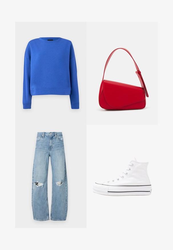 Sinine sweatshird, ümmarguse kaelusega, pikkade varrukatega ja lühendatud lõikega. Valmistatud pehmest ja siledast puuvillasegistuse kangast. Ilma mustrite ja aktsentideta.; Heledad hallideega sinised teksad, millel on kõrge talje. Teksade jalgadel on lai alus, kaks rebitud kohta põlvede ümber ning klassikaline viie tasku stiil.; Valge kõrgem kangast tenniseking, millel on must kummist tald, ees kummist varvasetugi ja kuus aukku paelte jaoks, pakkudes puhta ja minimalistliku disaini.; Punane nahast käekott, millel on nurkadega geomeetriline disain. Omab ühte reguleeritavat rihma ja klappidega sulgemist, millel on õmblustega kaunistused.