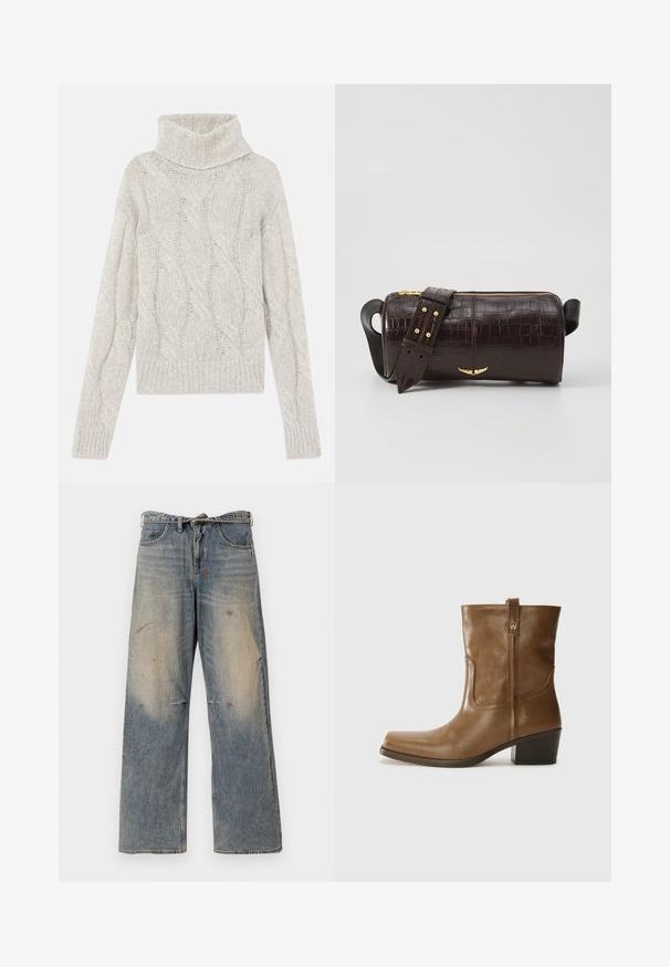 Lichtgrijze kabelgebreide trui, met een hoge col, lange mouwen en een geribbelde zoom. Zacht, gestructureerd materiaal met een gezellige uitstraling.; Lichtblauwe denim jeans met een losse, recht gesneden pasvorm. Voorzien van slijtageplekken, vervaging en distressed details bij de knieën. Klassiek five-pocket ontwerp.; Bruine lederen enkelboot met een vierkante neus, gestructureerde afwerking en een lage blokhak. Voorzien van een handige achterste lus en subtiele stikdetails.; Bruine krokodil-embosserende leren tas met een cilindervorm, gouden hardware en een afneembare schouderband met studs.
