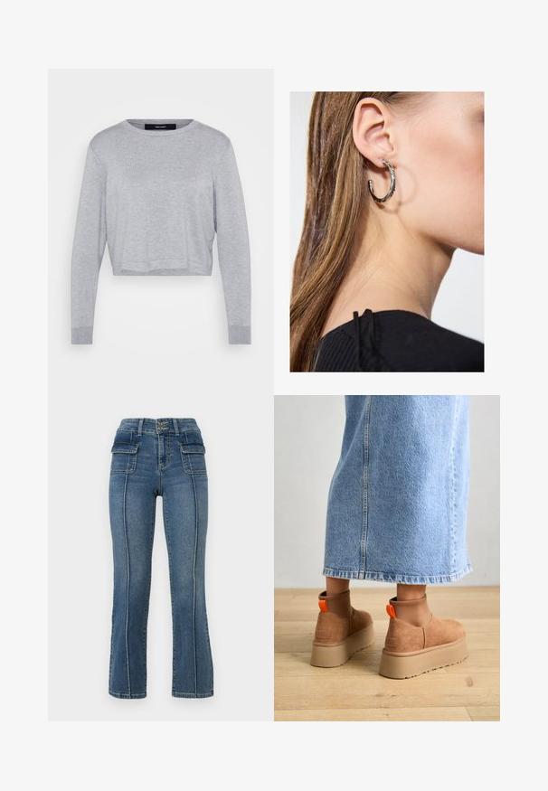 Világosszürke, rövidített pulóver kerek nyakkal, hosszú ujjakkal, bordás mandzsettákkal és puha, texturált felülettel.; Even&Odd Petite 2 PACK - Felső - light grey/black; ONLY Petite ONLWAUW MID WAIST FLARED - Trapézfarmer - medium blue denim; Barna velúr platform csizmák elasztikus oldalsó panelekkel és narancssárga húzófülekkel, amelyek egy térdközépig érő világoskék farmer szoknyával vannak párosítva egy fás padlón.; Ez egy ezüst fülbevaló, sima felülettel, amelyen apró arany díszítőelemek találhatók. Kerek formájú és a fülcimpán viselik.