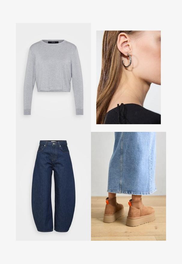 Sweater curto cinza claro com gola redonda, mangas longas, punhos canelados e um acabamento macio e texturizado.; Jeans de ganga azul escura de cintura alta, com pernas largas, fecho frontal por botão e zipper, e design clássico de cinco bolsos.; Botas plataforma em camurça castanha com painéis laterais elásticos e puxadores laranja, combinadas com uma saia de ganga clara até ao joelho, em um chão de madeira.; Brinco de argola prateada com acabamento polido, apresentando pequenos detalhes em dourado e uma forma redonda, usado na orelha.