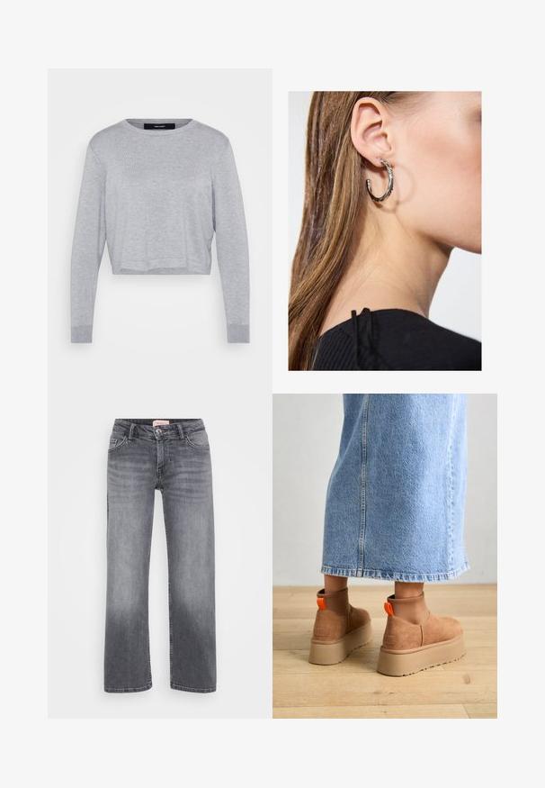 Világosszürke, rövidített pulóver kerek nyakkal, hosszú ujjakkal, bordás mandzsettákkal és puha, texturált felülettel.; Szürke farmernadrág egyenes szárú dizájnnal, öt zsebes stílussal, enyhe kopással, és gombos derékzárral.; Barna velúr platform csizmák elasztikus oldalsó panelekkel és narancssárga húzófülekkel, amelyek egy térdközépig érő világoskék farmer szoknyával vannak párosítva egy fás padlón.; Ez egy ezüst fülbevaló, sima felülettel, amelyen apró arany díszítőelemek találhatók. Kerek formájú és a fülcimpán viselik.