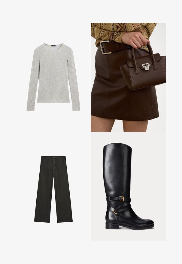 Graues Langarmshirt mit strukturiertem Rippmaterial und rundem Ausschnitt. Einfaches Design mit gleichmäßigen Nähten; keine sichtbaren Muster oder Akzente.; Schwarz-weiße, weit geschnittene Jeans mit mittelhohem Bund, zwei Vorderentaschen und einem klaren, minimalistischen Design ohne sichtbare Verzierungen.; Schwarze lederne kniehohe Stiefel mit abgerundetem Zeh, niedrigem Blockabsatz und doppelten Riemen mit goldfarbener Schnallenakzentuierung. Glatte Textur.; Braune Lederhandtasche mit strukturiertem Finish und silbernen Beschlägen, gehalten mit einer Hand neben einem braunen Lederrock und einem gemusterten Pullover.