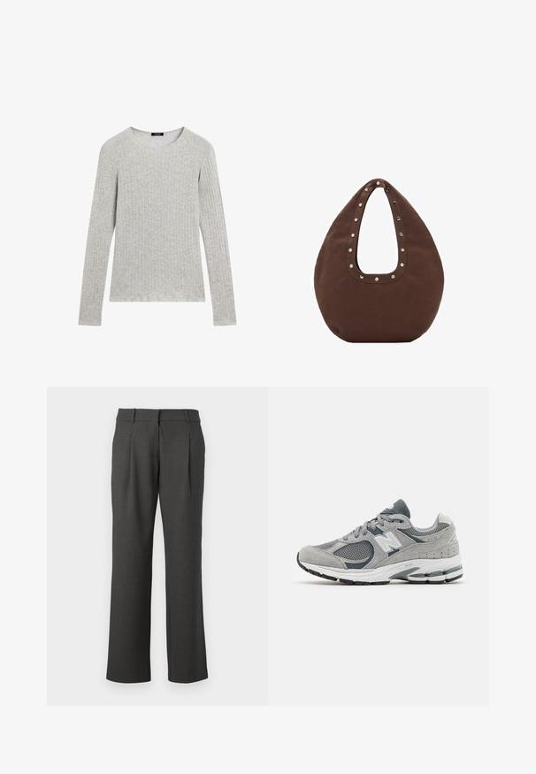Maglietta a maniche lunghe grigia con texture a coste e scollatura rotonda. Design semplice con cuciture uniformi; nessun motivo o accento visibile.; Pantaloni formali grigi scuri con gamba dritta, passanti per cintura e pieghe frontali, esposti su uno sfondo bianco.; Sneaker grigia realizzata in materiali mesh e suede, con logo bianco, colletto imbottito e suola in gomma texturizzata. Accenti in grigio più scuro.; Borsa tote marrone con una forma curva, caratterizzata da un grande manico a forma di taglio decorato con borchie argentate lungo il bordo. Realizzata in tessuto morbido.