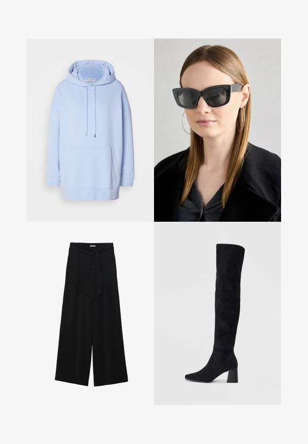 Light blue hoodie with a spacious hood, drawstrings, and a front kangaroo pocket. Made of soft fabric with ribbed cuffs and hem.; Black wide-leg pants featuring a textured fabric, an elastic waistband, and a detachable sash tie at the waist for adjustable fit.; Black suede knee-high boot with block heel, pointed toe, and smooth, seamless design on a plain light background.; Black cat-eye sunglasses with dark lenses, thick frames, and subtle accents. Worn with a black coat and gray top, featuring long straight hair.