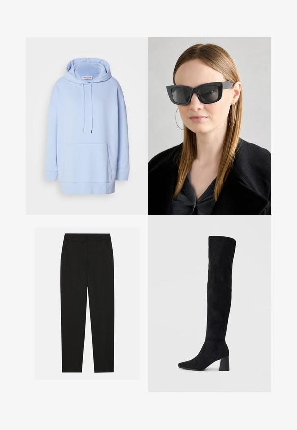Light blue hoodie with a spacious hood, drawstrings, and a front kangaroo pocket. Made of soft fabric with ribbed cuffs and hem.; Black trousers with a tailored design, featuring side pockets and a straight leg. Made from smooth, lightweight fabric with a sleek finish.; Black suede knee-high boot with block heel, pointed toe, and smooth, seamless design on a plain light background.; Black cat-eye sunglasses with dark lenses, thick frames, and subtle accents. Worn with a black coat and gray top, featuring long straight hair.