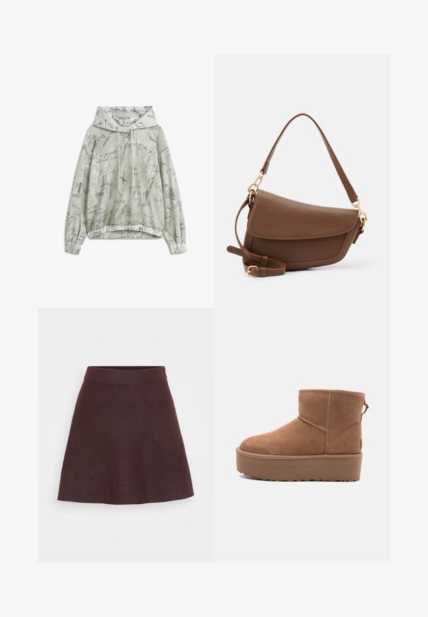 Lichtgrijze hoodie met verschillende donkergrijze handgeschreven tekstpatronen, elastische boorden en een trekkoord voor de capuchon.; Bordeaux gebreide rok met een uitlopende vorm, brede tailleband en een soepele textuur, met een effen kleur zonder patronen of accenten.; Tan suède enkellaars met een platformzool, ronde neus en stiksels; heeft een trekband aan de achterkant voor gemakkelijke instap.; Bruine leren schoudertas met een gestructureerde afwerking, gebogen vorm, hardware in goudkleur, verstelbare schouderband en klepafsluiting.
