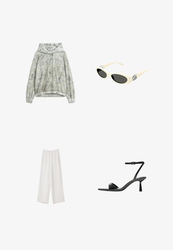 Light grey hooded sweatshirt with various dark grey handwritten text patterns, elastic cuffs, and a drawstring for the hood.; White wide-leg trousers made from a lightweight fabric. Features an elastic waistband with a drawstring and side pockets. Smooth texture.; Bershka High heeled sandals - black; Cream-colored sunglasses with oval lenses, black tint, and metallic logo accents at the temples. Smooth texture, cat-eye design.