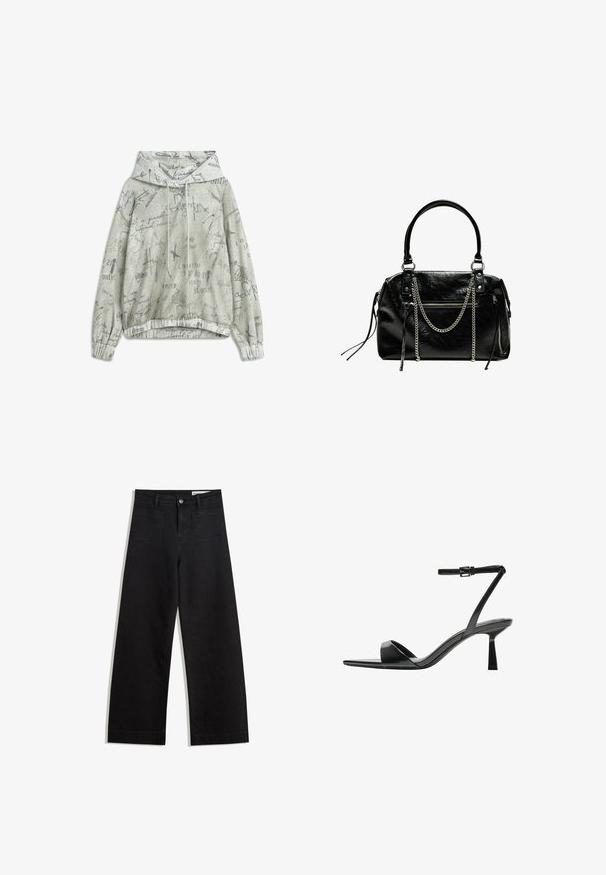 Jasnoszara bluza z kapturem z różnymi ciemnoszarymi wzorami tekstu pisanego odręcznie, elastycznymi mankietami i sznurkiem do ściągania kaptura.; Czarne dżinsowe spodnie o szerokich nogawkach i wysokim stanie, z przednimi i tylnymi kieszeniami, przeszyciami oraz zapięciem na guziki. Gładka struktura.; Bershka - Sandały na obcasie; Bershka - Torebka