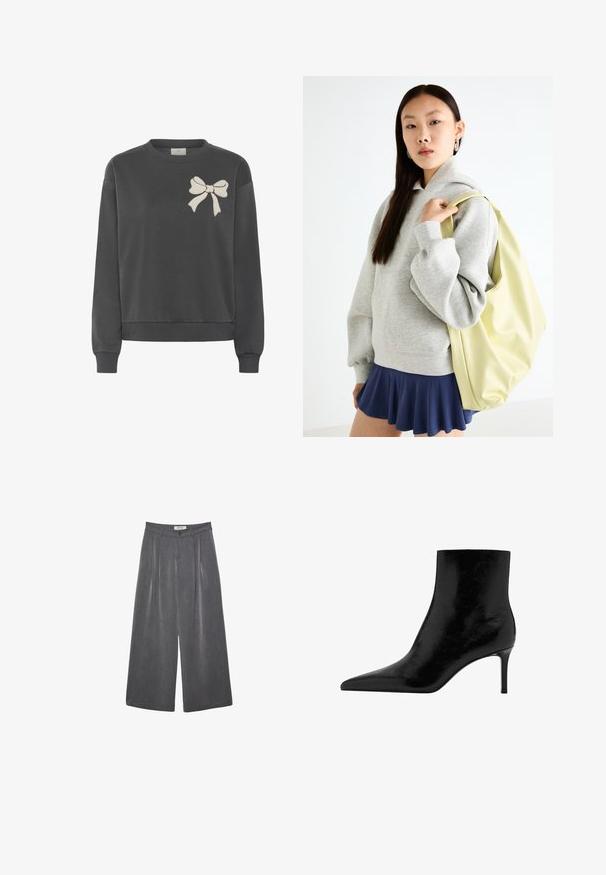 Tummanharmaa puuvillasekoitesweatshirt, jossa on pyöreä kaula-aukko ja vasemmassa rinnassa brodattu vaaleanbeige kukka. Varusteena ribbitetyt hihansuu ja helma.; Valkoinen puuvillainen t-paita, jossa on lyhyet hihat ja epäsymmetrinen helma, jonka alaosassa on yksityiskohtainen pitsireunus.; Pleated leveleijoushousut tummanharmaasta kankaasta, jossa on hieno rakenne. Ominaisuuksina napin suljenta ja klassinen vyötärönauhan muotoilu.; Musta nilkkuri, jossa on terävä kärki, valmistettu kiiltävästä nahasta. Varustettu korkean stiletto-kannan ja sileän pinnan kanssa. Ei näkyviä koristeita.; Harmaa ylipitkä huppari, jossa on kengurutasku, yhdistettynä tummansiniseen levenevään hameeseen. Asusteena: suuri vaaleankeltainen reppu, tasainen pinta.
