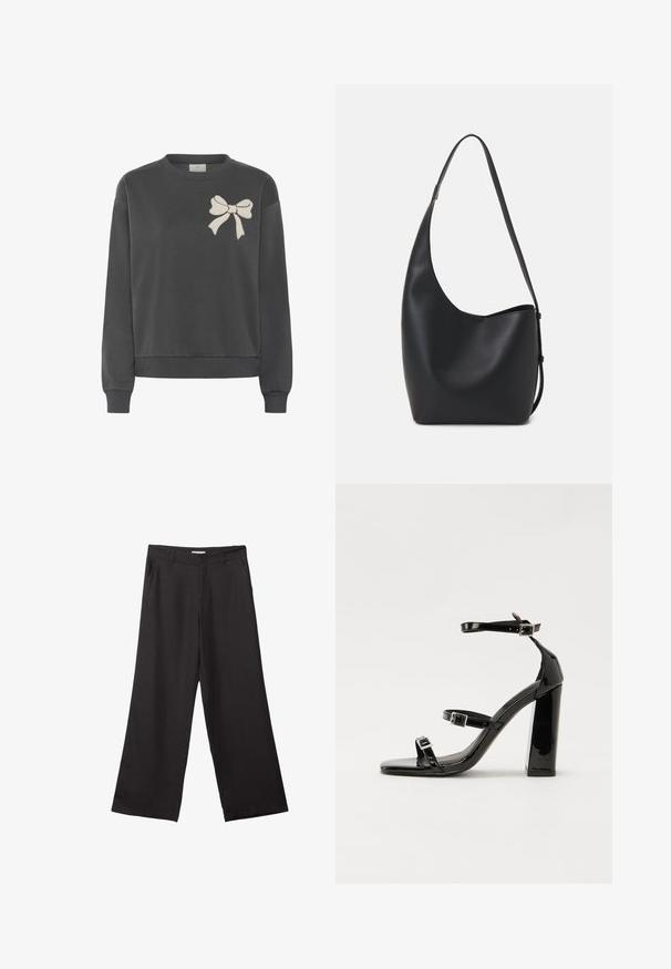 Tmavošedá mikina vyrobená z bavlnenej zmesi s okrúhlym výstrihom a vyšívanou svetlosivou mašľou na ľavej hrudi. Obsahuje rebrované manžety a lem.; Čierne široké nohavice vyrobené z hladkej tkaniny, so zipsom vpredu a dvoma bočnými vreckami, s prispôsobeným strihom a minimalistickým dizajnom.; Čierne lakované sandále na podpätku so štvorcovou špičkou, navlečenými remienkami okolo členku a striebornými prackami. Disponujú masívnym blokovým podpätkom pre stabilitu.; Čierna kožená hobo taška so hladkou textúrou, zakriveným tvarom a jedným nastaviteľným popruhom; má široké otvorenie na vrchu.