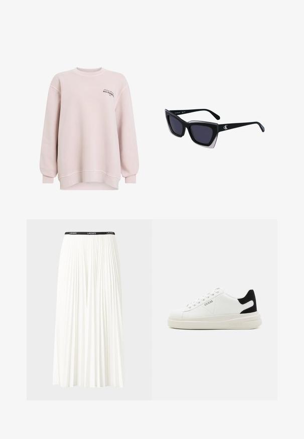 Gaiši rozā džemperis, izgatavots no mīksta auduma. Iespējas ietver apkakles izgriezumu, garas piedurknes un logotipa detalizāciju kreisajā krūtī. Brīva piegriezuma.; Gari plānas baltas svārku ar melnu elastīgu jostu, uz kuras redzams "LACOSTE" logo. Vidēja garuma dizains ar mīkstu tekstūru.; Baltas ādas sporta apavi ar biezu balto zoli, melna zamša uzpura un izspiestais logotips sānos. Šņorējuma dizains ar sešiem acu caurumiem.; Melni pārmēru saulesbrilles ar ģeometrisku formu, kas aprīkotas ar tumšiem stikliem un kontrastējošu pelēku akcentu uz rāmja. Logo uz kājas.