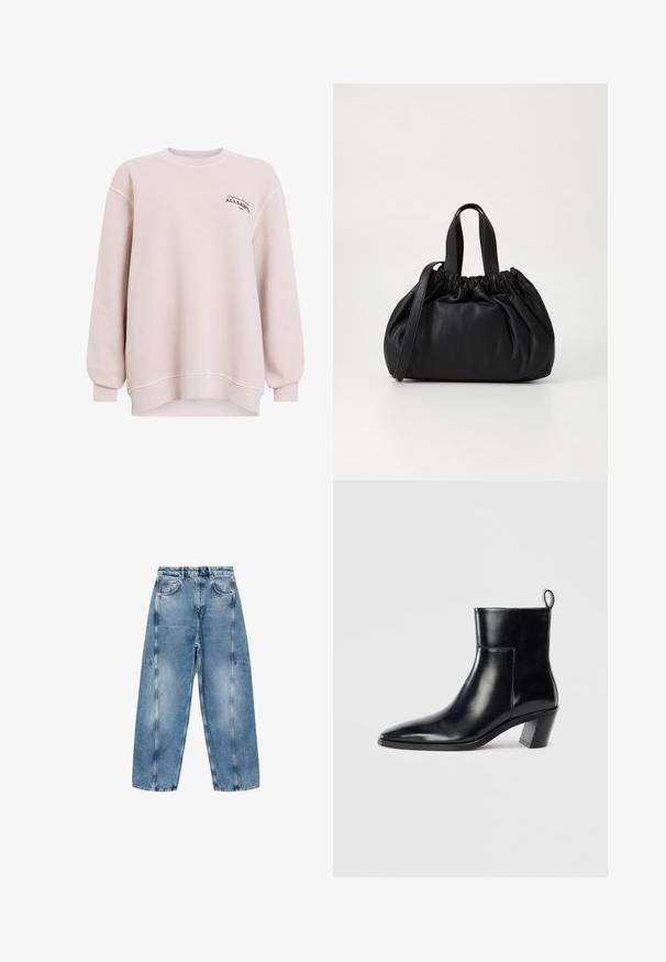 Light pink sweatshirt made of soft fabric. Features a crew neck, long sleeves, and logo detailing on the left chest. Relaxed fit.; Light blue denim jeans feature a relaxed fit, large pockets, and contrasting stitching. The fabric has a faded finish with a smooth texture.; Black leather ankle boot with a pointed toe, a geometric stacked heel, and a pull tab at the back. Smooth texture and sleek design.; Black leather handbag with a gathered top design, featuring two short handles and a long adjustable strap. Smooth texture, rounded shape.