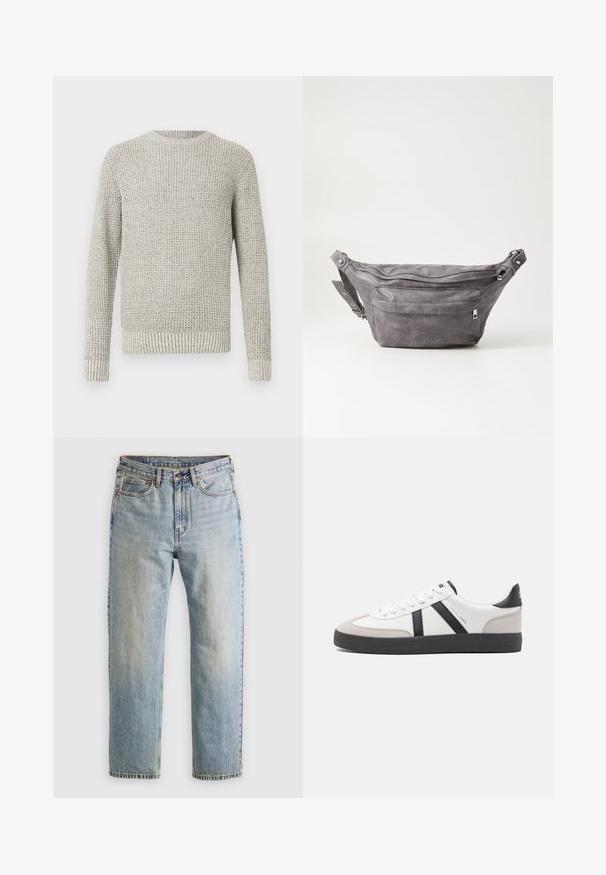 Pull en tricot gris clair avec un motif texturé et en côtes. Il présente un col rond et des manches longues, se terminant par des bords côtelés aux poignets et à l'ourlet.; Jean en denim bleu clair à taille haute, avec bouton avant, fermeture éclair et design à cinq poches, posé à plat sur un fond neutre.; Baskets blanches avec des accents noirs et gris, présentant un embout texturé gris, une semelle en caoutchouc noir et des lacets plats blancs. Design épuré, style minimaliste.; Sac banane en suède gris avec une forme arrondie, deux compartiments zippés et une sangle réglable. Comprend des accents en métal.