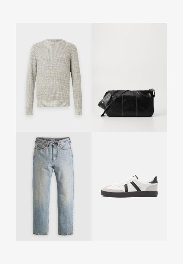 Lysegrå striktrøje med et struktureret, ribbet mønster. Har en rund halsudskæring og lange ærmer, der afsluttes med ribbet manchetter og kant.; Lysblå denim jeans med høj talje, frontknap, lynlås og fem-lomme design, lagt fladt på en neutral baggrund.; Hvide sneakers med sorte og grå detaljer, med en tekstureret grå tåhætte, sort gummisål og flade hvide snørebånd. Rent design, minimalistisk stil.; Sort læder skuldertaske med lynlås, der har en tekstureret overflade, hvid syning og en rem med sølvøskner.
