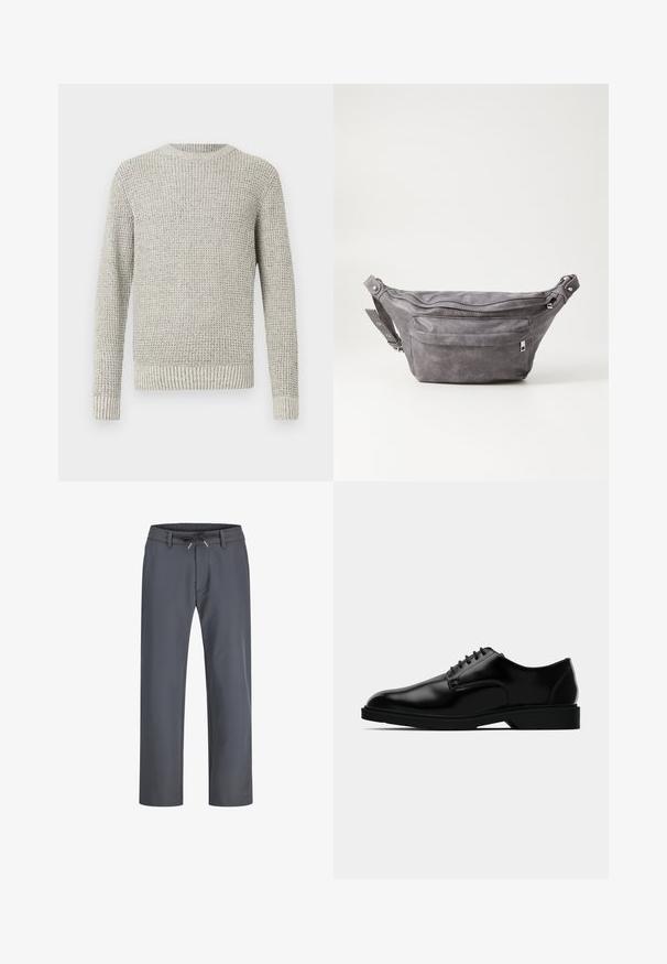 Jasnoszary sweter dzianinowy o teksturowanym, prążkowanym wzorze. Posiada okrągły dekolt oraz długie rękawy, zakończone prążkowanymi mankietami i dołem.; Szare spodnie z elastycznym paskiem w talii i sznurkiem do regulacji. Prosty krój nogawki, wykonane z gładkiego materiału, charakteryzują się minimalnym przeszyciem i brakiem widocznego sprzętu.; Czarne skórzane buty dressowe o gładkim wykończeniu, zaokrąglonym nosku, wiązanym fasonie oraz dyskretną gumową podeszwą zapewniającą przyczepność.; Szara zamszowa saszetka biodrowa o zaokrąglonym kształcie, z dwoma zasuwanymi komorami i regulowanym paskiem. Wyróżnia się metalowymi akcentami.