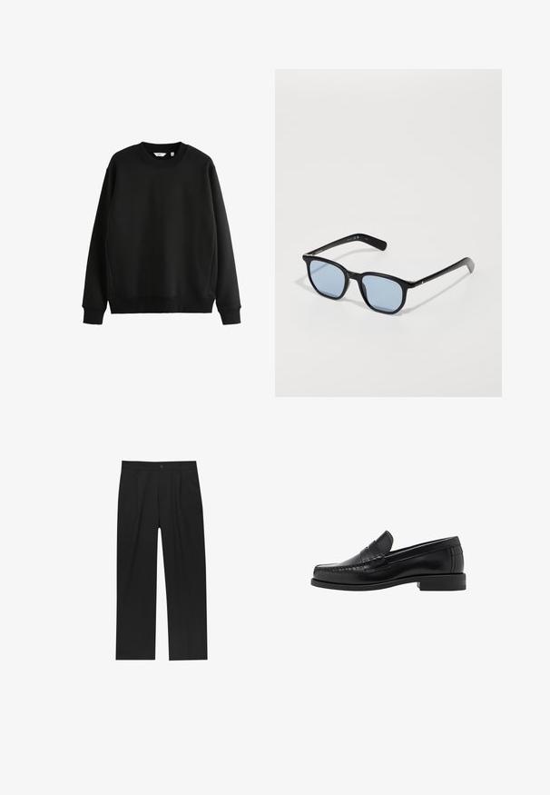 Musta collegepaita, joka on valmistettu sileästä kankaasta ja jossa on pyöreä kaula-aukko sekä joustavat hihansuut. Ominaisuuksiin kuuluu suora helma ja minimaalinen muotoilu.; Valkoinen puuvillainen t-paita, jossa on lyhyet hihat, pyöreä kaula-aukko, rento istuvuus ja ei näkyviä logoja tai kuvioita. Sileä pinta ja minimaalinen muotoilu.; Mustat housut suoranlahkeisella muotoilulla, valmistettu sileästä kankaasta. Ominaisuuksiin kuuluu etupleateet ja yksi nappikiinnitys vyötäröllä.; Musta nahkayksilöinen loafersi, jossa on sileä pinta, ommellut yksityiskohdat varpaisiin ja matala kanta mukavuutta ja tyyliä varten.; Mustat aurinkolasit suorakulmaisilla umlikeilla, vaaleansinisiä linssejä ja sileää muovipintaa. Ominaisuuksiin kuuluvat kapeat varret, joissa on hillitty logotyyli.