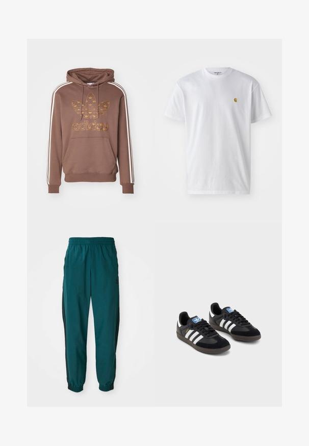 adidas Originals Hoodie - earth strata; White cotton t-shirt with short sleeves, crew neck, featuring a small gold logo on the left chest area. Soft texture and regular fit.; Teal athletic pants with a drawstring waist, elastic cuffs, and side black stripes. Made of lightweight fabric, featuring a logo near the hip.; Black sneakers with a suede and synthetic upper, featuring three white stripes, textured rubber sole, and blue logo tag on the tongue.