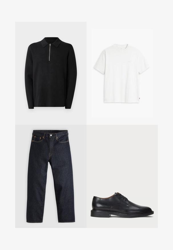 Black pullover with long sleeves and a zippered collar. Made of soft fabric, featuring a smooth texture and a simple, minimalistic design.; White cotton t-shirt with short sleeves, round neckline, and a subtle "Levi's" logo printed in light color on the front.; Dark blue denim jeans with a straight cut, five pockets, contrasting orange stitching, and a button fly. No visible patterns or embellishments.; Black leather dress shoe with a round toe, lace-up design, and a low stacked heel. Smooth texture with minimal stitching details.