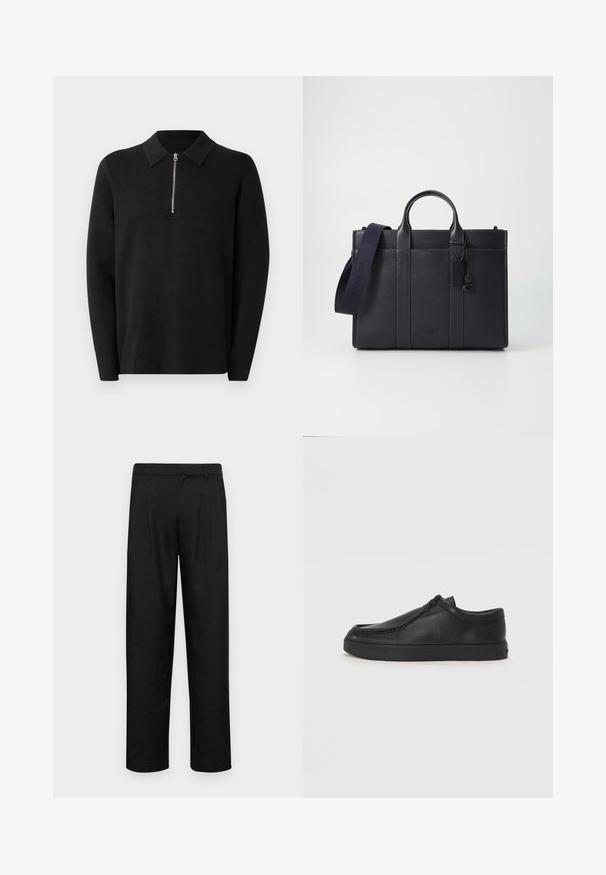 Pulover negru cu mâneci lungi și guler cu fermoar. Fabricat dintr-un material moale, cu o textură netedă și un design simplu, minimalist.; Pantaloni negri dintr-un material neted, cu un design drept, două pliuri frontale și un tiv standard cu bucle pentru curea.; Pantofii din piele neagră, fără șireturi, cu vârful rotund, detalii cusute și talpă din cauciuc negru. Textură netedă cu un design minimalist.; Servietă din piele de culoare albastru închis, cu două mânere superioare și o curea detasabilă. Prezintă un finisaj texturat, cusături verticale și detalii cu logo.
