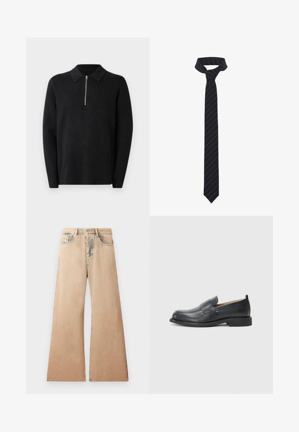 Black pullover with long sleeves and a zippered collar. Made of soft fabric, featuring a smooth texture and a simple, minimalistic design.; Beige wide-leg jeans with faded texture, five-pocket design, and stitched detailing along seams. Waist has a traditional button closure.; Black leather loafers featuring a smooth finish, a flat sole, and a rounded toe with a decorative strap across the upper.; Black tie with diagonal blue stripes, made from a smooth fabric. Features a tapered end and a knotted loop at the top.