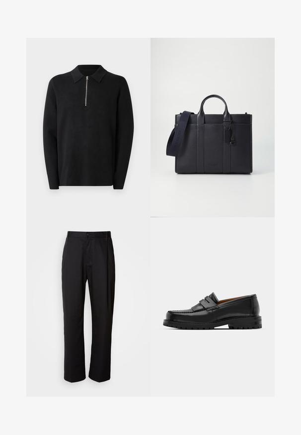 Schwarzer Pullover mit langen Ärmeln und einem Reißverschlusskragen. Hergestellt aus weichem Stoff, mit glatter Textur und einem schlichten, minimalistischen Design.; Schwarze Hosen mit geradem Schnitt, aus leichtem Stoff gefertigt. Verfügt über einen vorderen Knopfverschluss und zwei seitliche Taschen; glatte Textur.; Schwarze Lederloafer verfügen über eine erhöhte Naht, zwei dekorative Riemen im oberen Bereich und eine dicke, strukturierte Sohle für zusätzlichen Halt.; Dunkelblaues Lederaktentasche mit doppelten oberen Griffen und einem abnehmbaren Gurt. Merkmale sind die strukturierte Oberfläche, vertikale Nähte und das Logo-Detail.