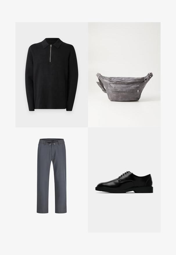 Mustar must pullover, mille pikkade varrukatega ja vetsiga kaelusega. Valmistatud pehmest kangast, millel on sile tekstuur ja lihtne, minimalistik disain.; Hallid hallid elastse vööga püksid, millel on nööri tõmbamine. Sirge jala disain, valmistatud siledast kangast, millel on minimaalne õmblus ja nähtavat riistvara pole.; Mustad musta nahast kleitking, millel on sile viimistlus, ümmargune varvas, nööriga disain ja tagasihoidlik kummist tald haardeks.; Hallikate nahast vöö kott, millel on ümar kuju, kaks tõmblukuga taskut ning reguleeritav rihm. Varustatud metallist detailide aktsentidega.