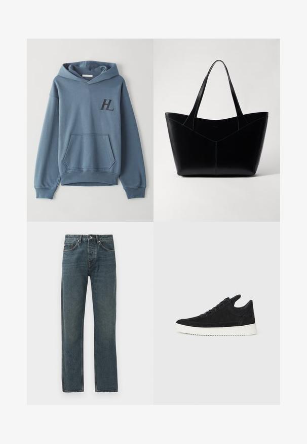 Felpa blu in cotone con tasca frontale, polsini a coste e cappuccio regolabile con lacci. Presenta un logo "HL" nero sul petto. Texture morbida.; Jeans in denim blu scuro con design a gamba dritta, dotati di cinque tasche, chiusura a bottone e dettagli di cucitura a contrasto.; Sneaker in suede nero con suola in gomma bianca, caratterizzato da cuciture tonali e design con lacci. Texture liscia con una forma moderna e aerodinamica.; Borsa tote in pelle nera con una forma strutturata, caratterizzata da due manici lunghi e un dettaglio a cucitura a forma di V sul davanti. Texture liscia.